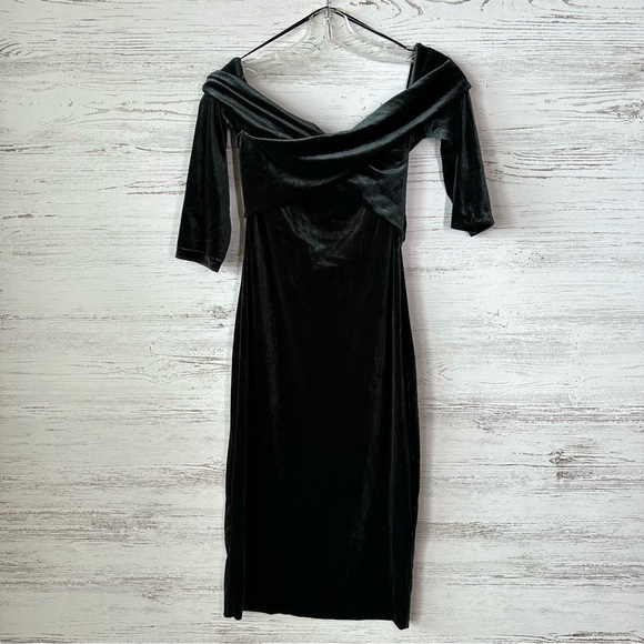 ZARA Velvet Off Shoulder Cocktail Bodycon Midi Dress Hunter Green Holiday Party - Picture 5 of 12
